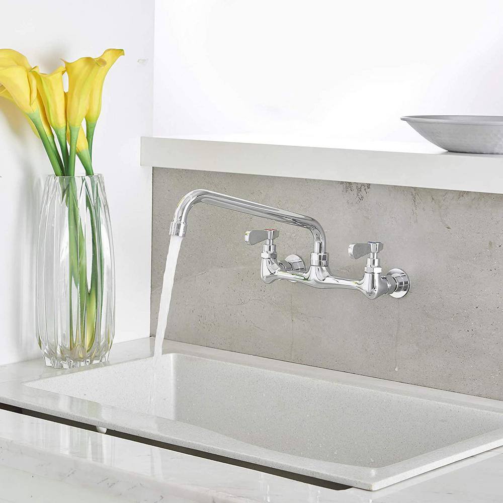 Polished Chrome Double Handle Wall Mount Kitchen Faucet with 12 Inch Swivel Spout