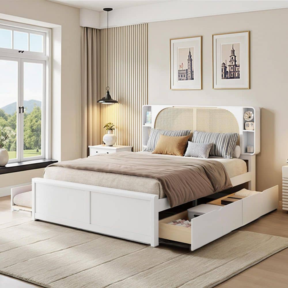 Cleo White Wood Frame Rattan Headboard Queen Platform Bed with Two Drawers and Trundle for Bedroom price history on PriceWatchPro