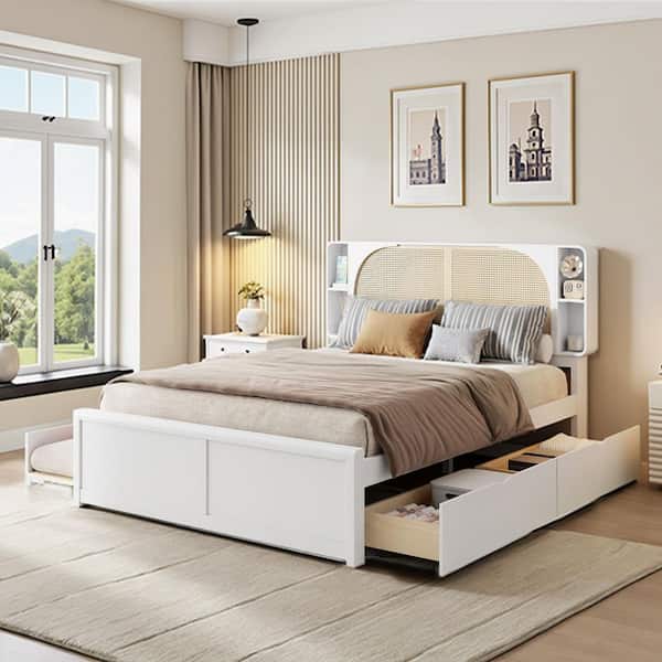 Spruce & Spring Cleo White Wood Frame Rattan Headboard Queen Platform Bed with Two Drawers and Trundle for Bedroom