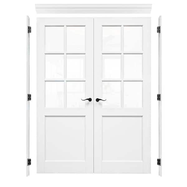 56 in. x 96 in. 6-Lite Clear Glass Universal White Solid Core Wood Double Prehung French Door+ Quick Assemble Jamb