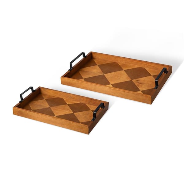 Glitzhome Rectangle Brown Wooden Geometric Trays with Metal Handles (Set of 2）