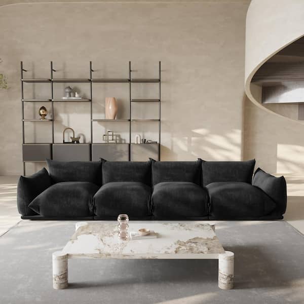 Modern 131 in. Flared Arm 4-Piece Chenille 4 Seater Modular Minimalist Convertible Floor Couch Sectional Sofa in. Black
