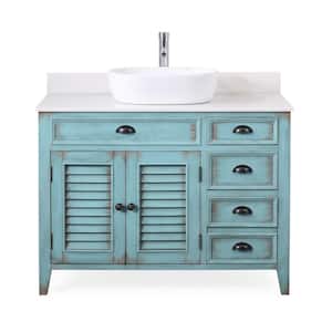 Abbeville 42 in. W x 21.5 in D. x 32 in. H White Marble Vanity Top in Distressed Blue with White Vessel Sink Vanity