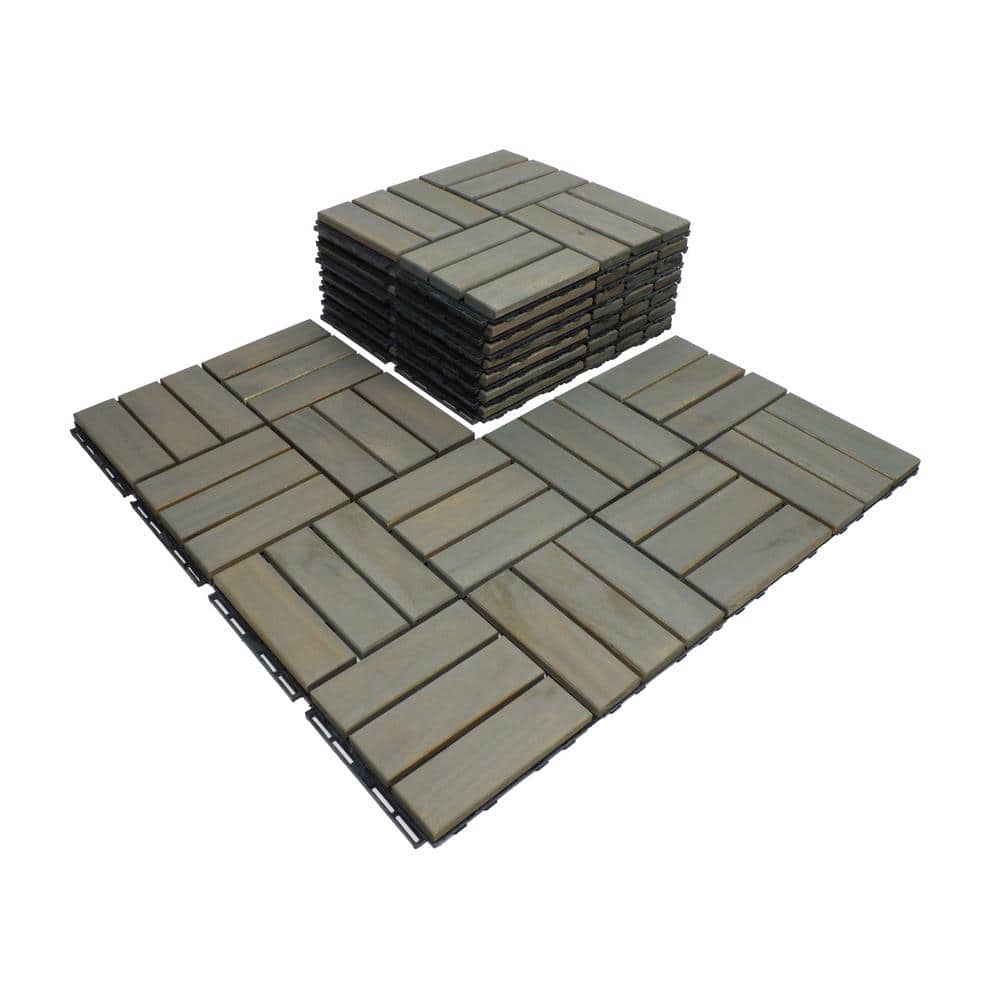 12 in. Light Gray Square Acacia Wood Interlocking Flooring Tiles Checker Pa