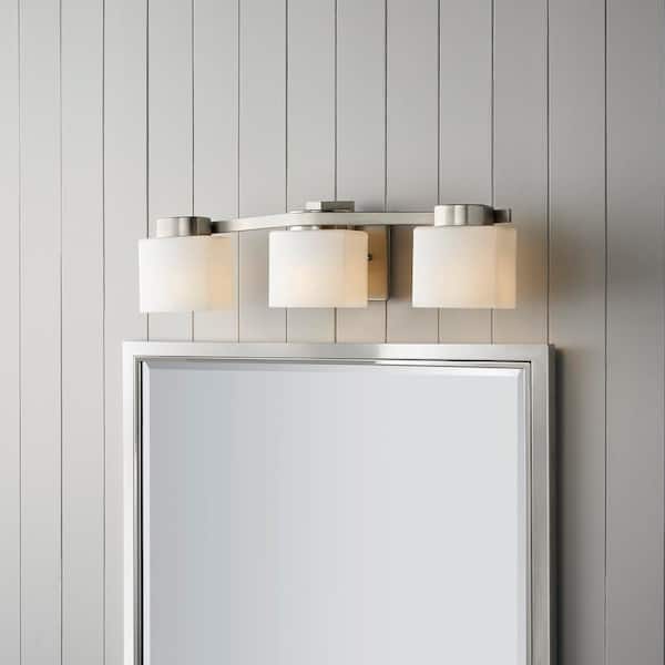 Hampton Bay Aldridge 3-Light Brushed Nickel Vanity Light with Etched White Glass Shades