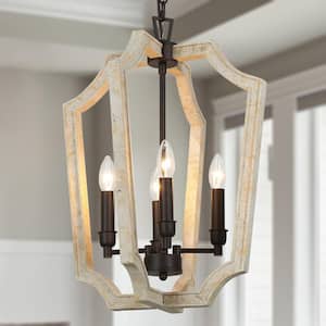 Farmhouse 4-Light Rust Bronze Candlestick Chandelier with Wood Cage Shade