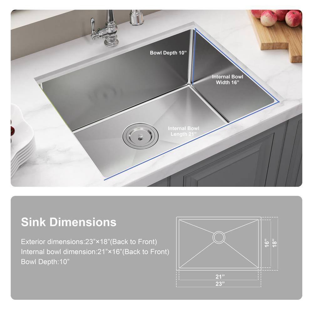 23" Brushed Stainless Steel Single Bowl Drop-In Kitchen Sink