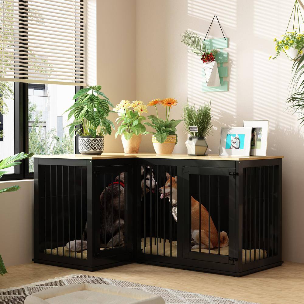 FUFU&GAGA Large Dog Crate Furniture for 2 Dogs, Wooden Dog Kennel Corner Dog Crate with Dividers