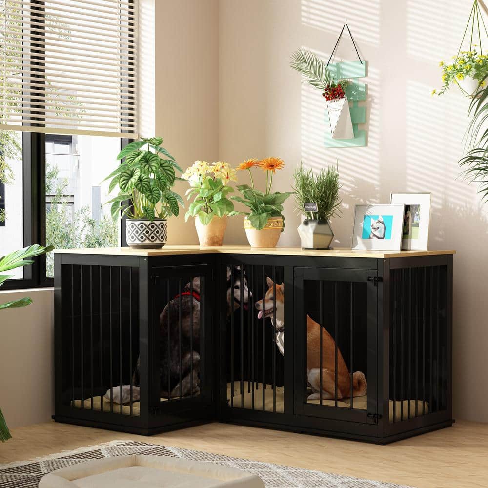 FUFU&GAGA Large Dog Crate Furniture for 2 Dogs, Wooden Dog Kennel