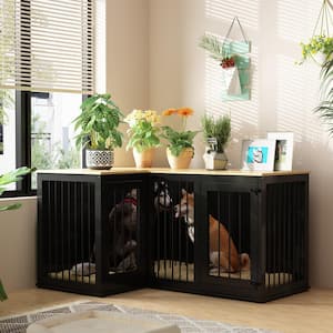 Large Dog Crate Furniture for 2 Dogs, Wooden Dog Kennel Corner Dog Crate with Dividers Perfect for Limited Room, Black
