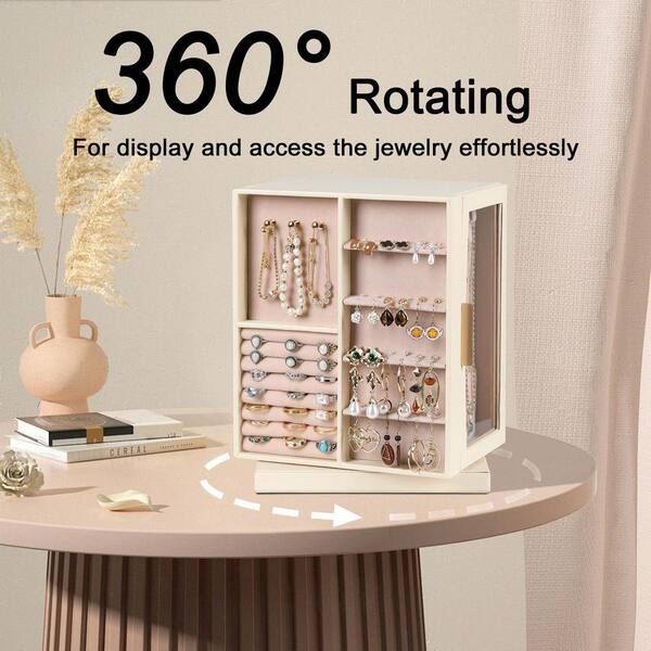 Beige PU leather rotating jewelry box with 6 drawers and a clear