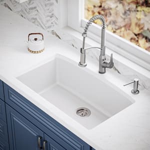 Undermount Quartz Composite 32 in. Single Bowl Kitchen Sink in White