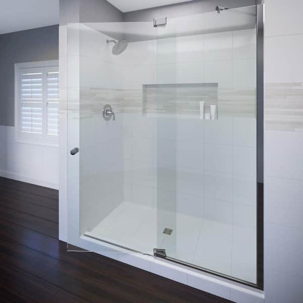 Basco Cantour 48 in. x 76 in. Semi-Frameless Offset Pivot Shower Door and Inline Panel in Chrome with Handle