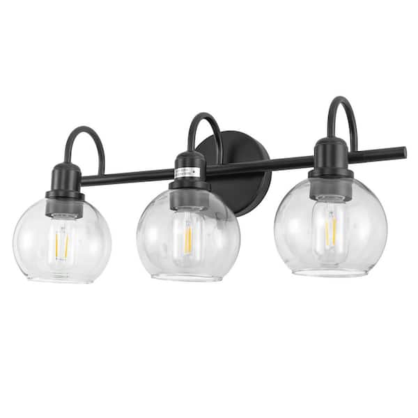 20 in. 3-Light Matte Black Bathroom Vanity Light, Industrial Design with Clear Glass Globe Shades for Vanity, or Mirror