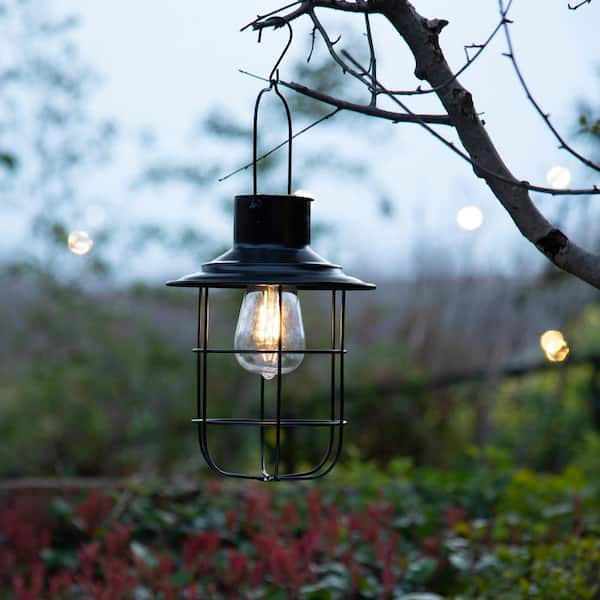 Glitzhome 9.75 in. H Black Metal Wire Solar Outdoor Hanging Lantern 2023300014 - The Home Depot