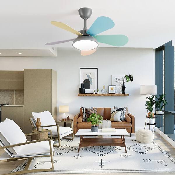 36 in. Smart Led Indoor Modern Dimmable Low Profile Macaron Semi Flush  Mount Ceiling Fan Light with Remote Control APP