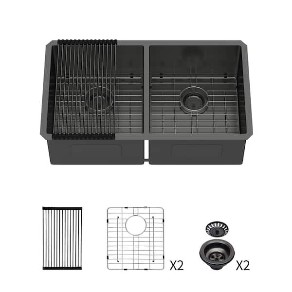 33 in. Undermount Double Bowl(50/50) 16 Gauge Gunmetal Black Stainless Steel Kitchen Sink with Bottom Grids
