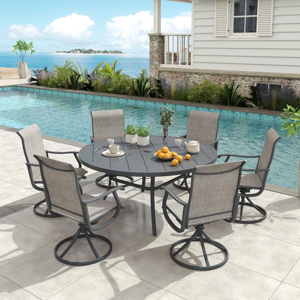 7-Piece All-Weather Metal Outdoor Patio Dining Set with 53 in. Gray Round Table and 6 Gray Swivel Dining Chairs price history on PriceWatchPro