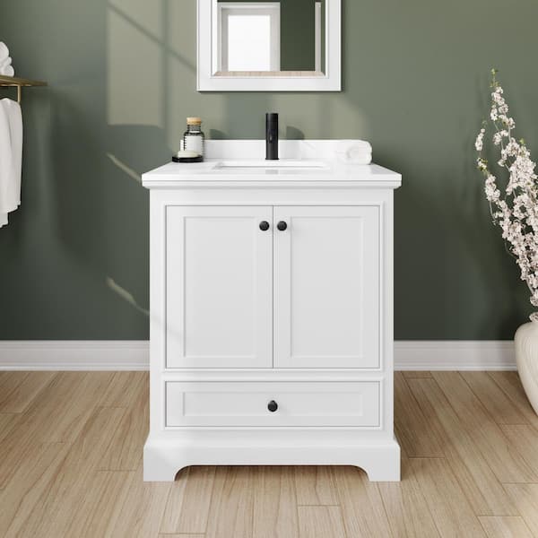 Wyndham Collection Deborah 30 in. W x 22 in. D x 35 in. H Single Bath Vanity in White with White Cultured Marble Top and 24 in. Mirror