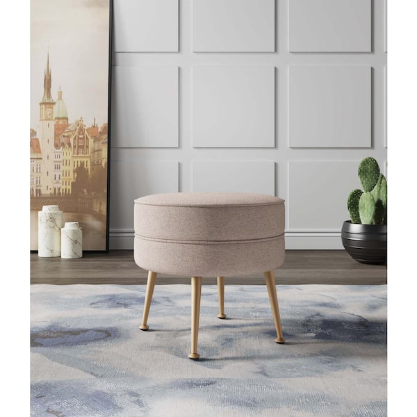 Manhattan Comfort Bailey Mid-Century Modern Oatmeal with Gold Feet Woven Polyester Blend Upholstered Ottoman