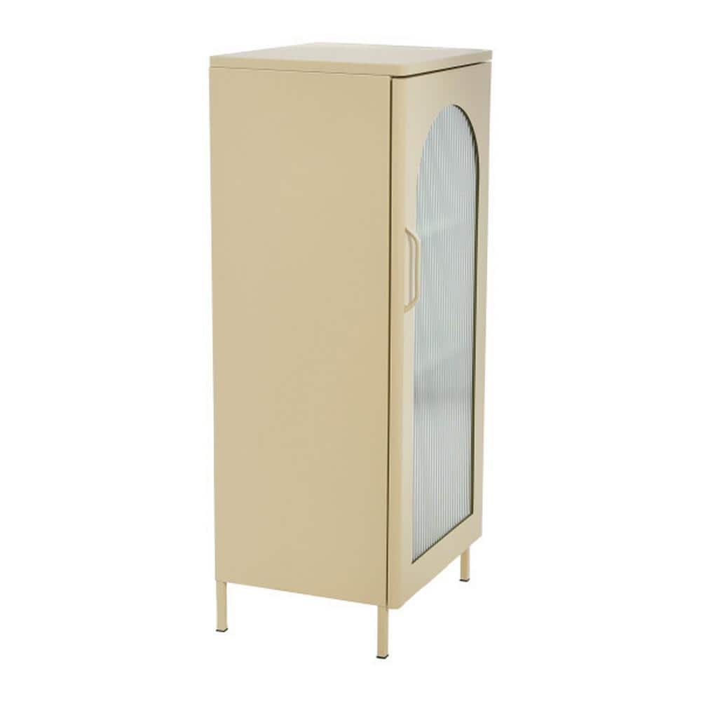 Cream Metal Accent Cabinet with Arched Glass Door and Adjustable Shelves