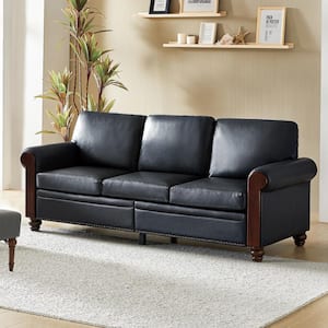 Felipe Transitional 81.1 in. W 3-Seat Faux Leather Sofa with Solid Wood Legs in Black