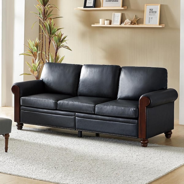 JAYDEN CREATION Felipe Transitional 81.1 in. W 3-Seat Faux Leather Sofa with Solid Wood Legs in Black