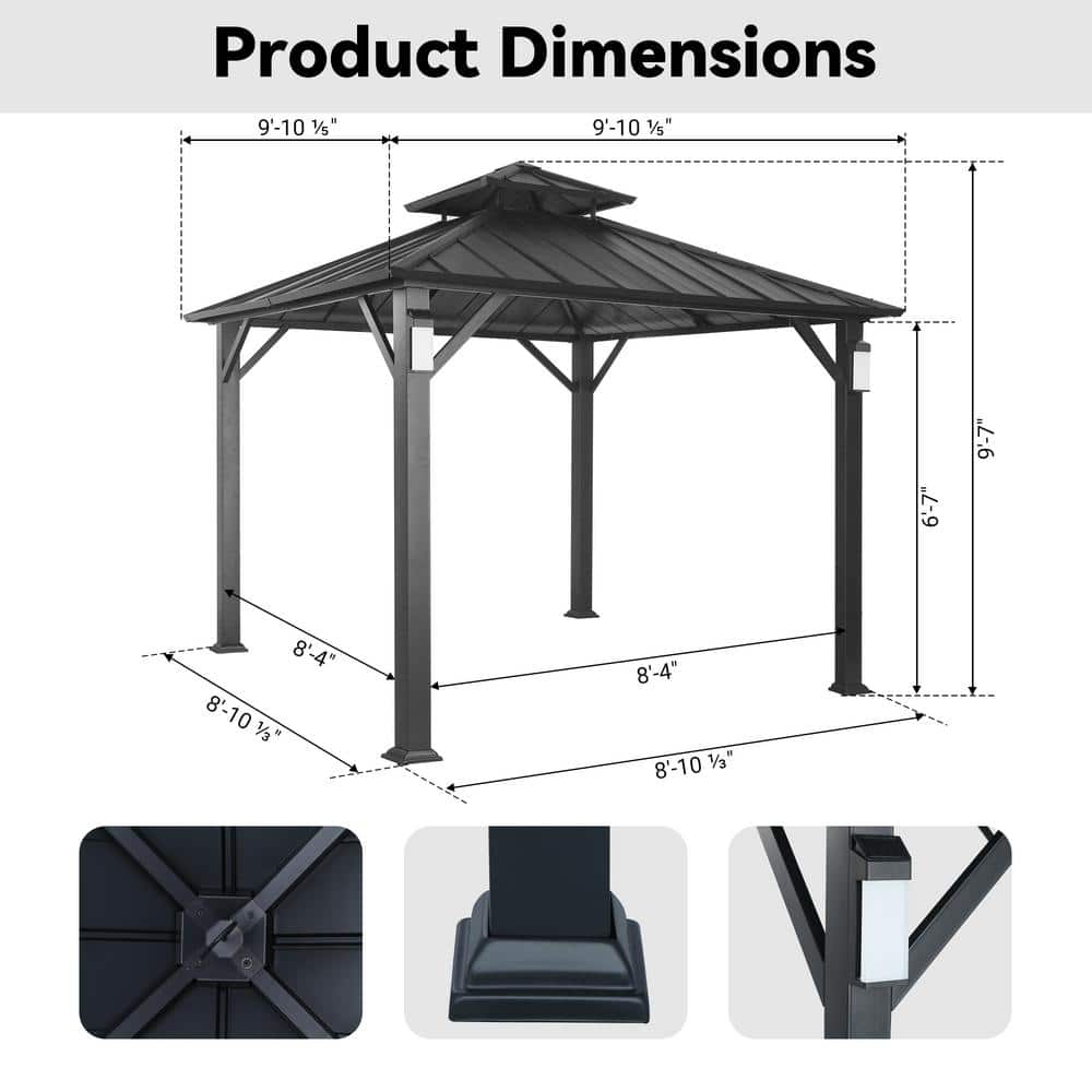 10' x 10' Black Aluminum Hardtop Gazebo with LED Lights
