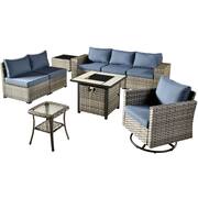 Crater Grey 9-Piece Wicker Patio Fire Pit Conversation Sofa Set with a Swivel Rocking Chair and Denim Blue Cushions