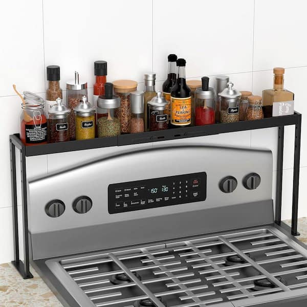 Adjustable 4 Level Black Over Stove Spice Rack Shelf Organizer for Kitchen Countertop with Expandable Length