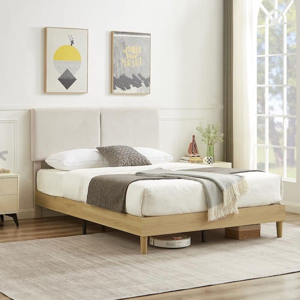 VECELO Upholstered Bed Frame with Linen Fabric Headboard, Strong 