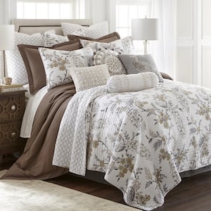 Pisa 3-Piece Grey, Taupe, White Floral Cotton Full/Queen Quilt Set