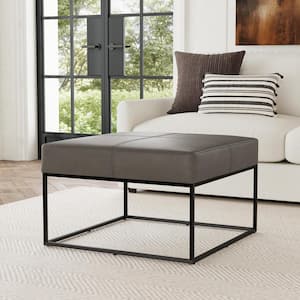 Pewter Gray Faux Leather Large Square Metal Ottoman