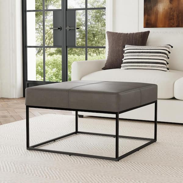 Homepop Pewter Gray Faux Leather Large Square Metal Ottoman