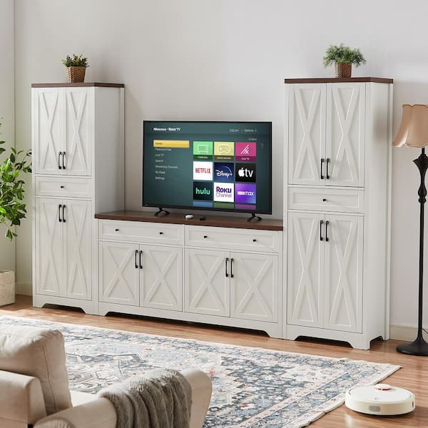 Farmhouse Collection White and Brown Wood 108.7 in. Sideboard Set with Drawer and Adjustable Shelves, (Set of 3)