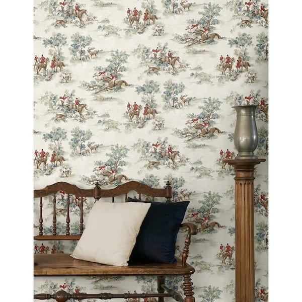30.75 sq. ft. Bluestone and Garnet Horse Race Vinyl Peel and Stick Wallpaper Roll