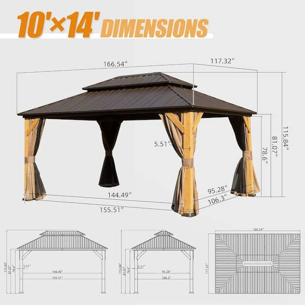 10 ft. x 14 ft. Cedar Wood Solid Wood Hardtop Gazebo with Galvanized Steel Double Roof, Netting & Curtains