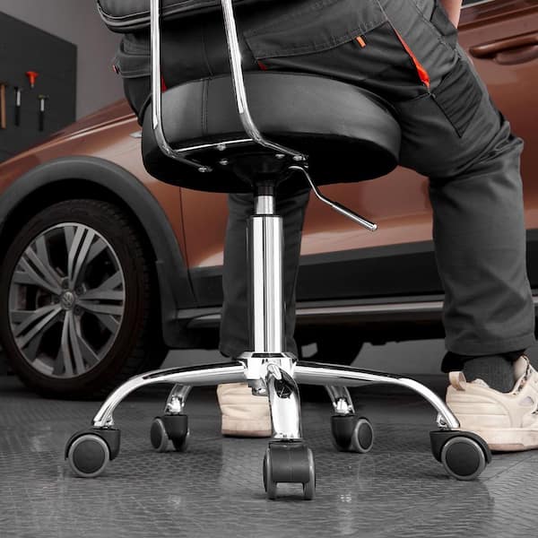 SKYSHALO Shop Stool with Backrest, Black, Pneumatic Garage Seat