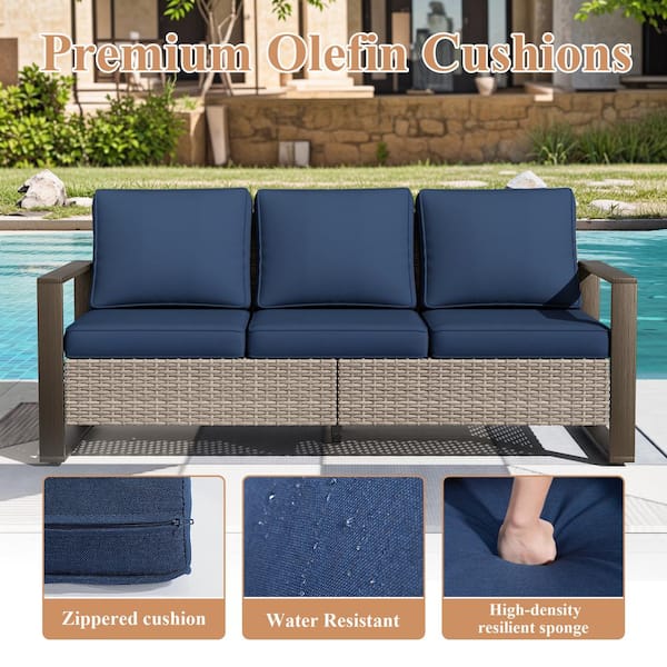 3-Seat Wicker Outdoor Patio Sofa Steel Frame Sectional Couch with Dark Blue Cushions