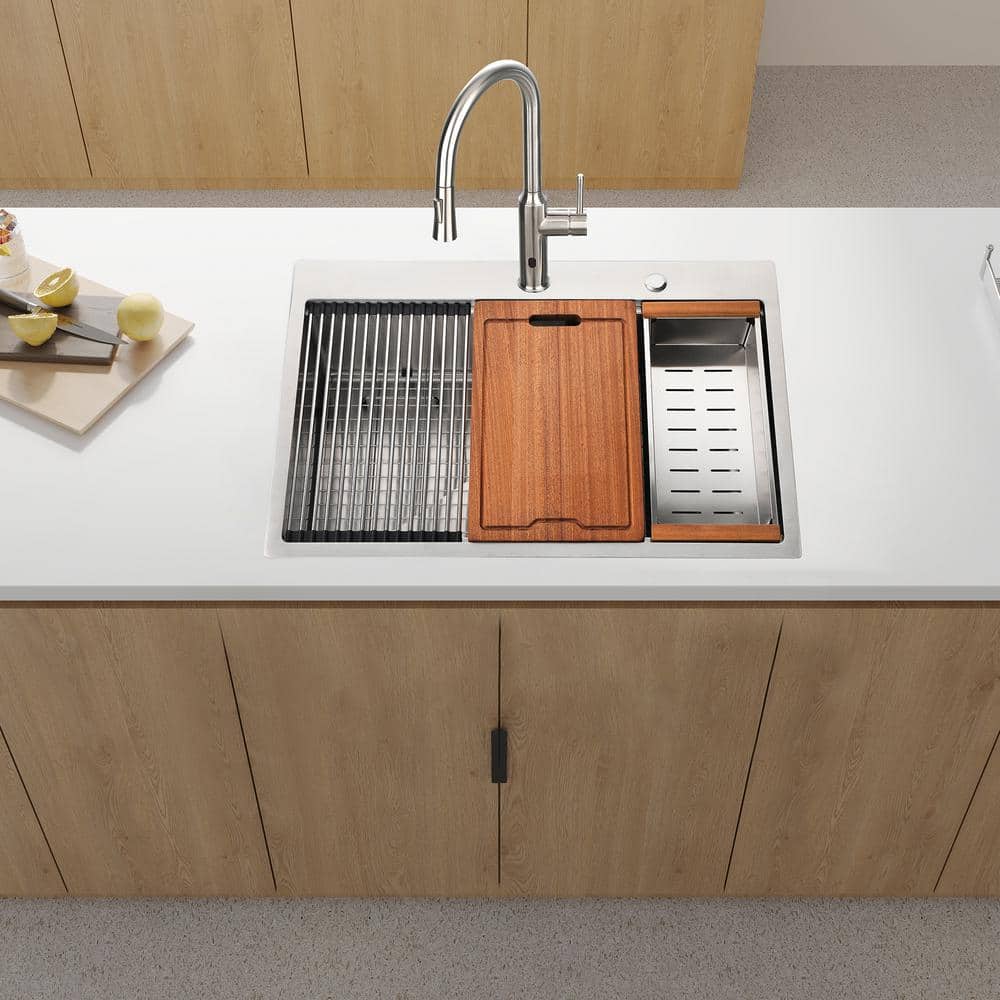 25'' Brushed Nickel Stainless Steel Single Bowl Workstation Sink