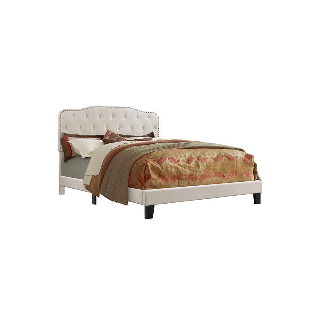 Fog Beige Linen Queen Bed with Tufted Upholstered Headboard