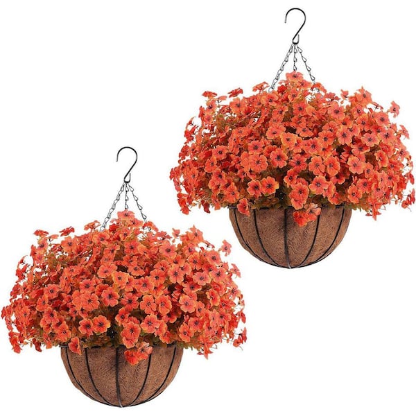 2 Set 18.9 Inch Orange Outdoor Artificial Mum Flowers with Hanging