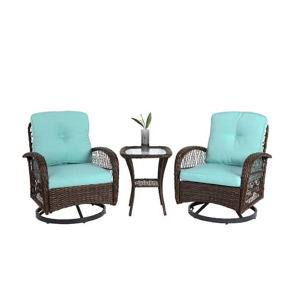 3 Pieces Metal Outdoor Rocking Chairs with Blue Cushions and Glass Coffee Table