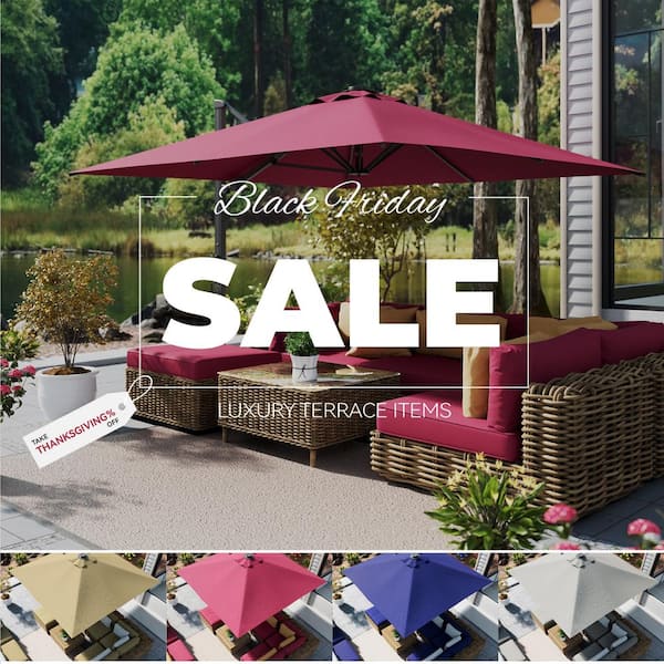 10 ft. Square Aluminum Cantilever Outdoor Tilt Patio Umbrella in Red with Base Weight Stand