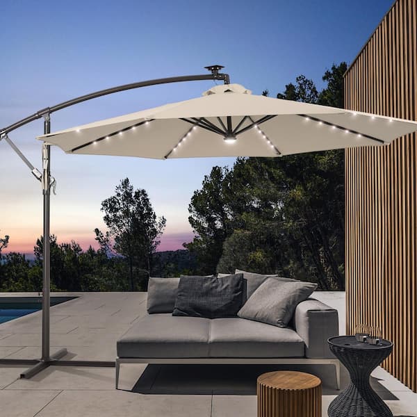 JOYESERY 10 ft. Backyard Outdoor Patio Cantilever Umbrella with LED Lights, Round Canopy, Steel Pole and Ribs, Beige