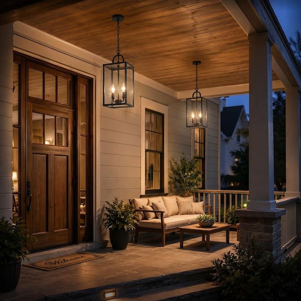 19.25 in. 2-Light Sandy Black Lantern Outdoor Pendant Lights with Clear Tempered Glass, No Motion Sensing