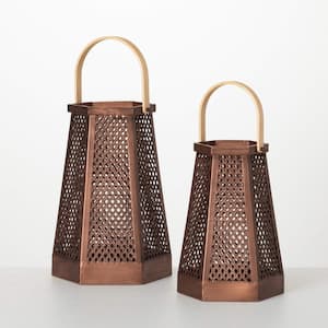 12.5 in. 10.25 in. Pierced Metal Wood Copper Candle Holder Lanterns Set of 2