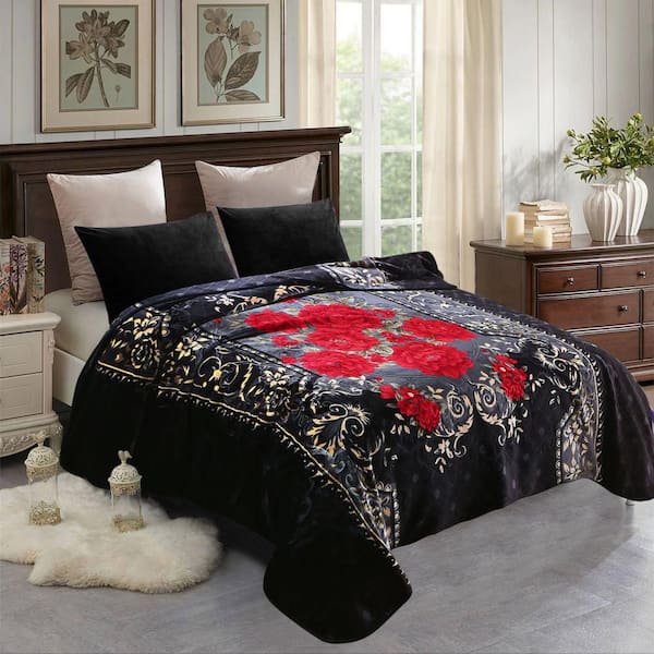 Black Rose 85 in. x 95 in. Polyester Warm Thick Raschel Mink Blanket-9 lbs.
