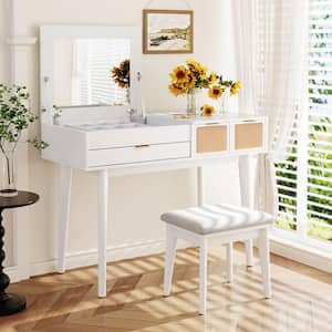 Classic White 3-Drawer 43.3 in. Wide Makeup Vanity Set with Flip-Top Mirror, Stool and Dressing Table