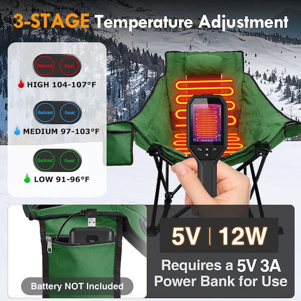 Outdoor Patio Oversized Foldable Heated Rocking Camping Green and Black Chair With Metal Frame, Not Included Power Bank
